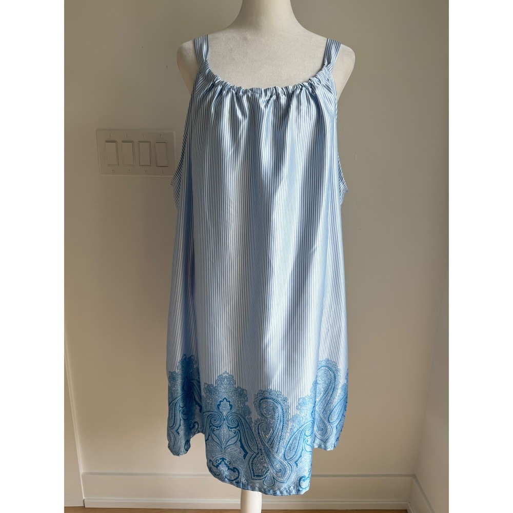 Lauren Ralph Lauren Blue White Striped Paisley Hem Satin Nightgown XL